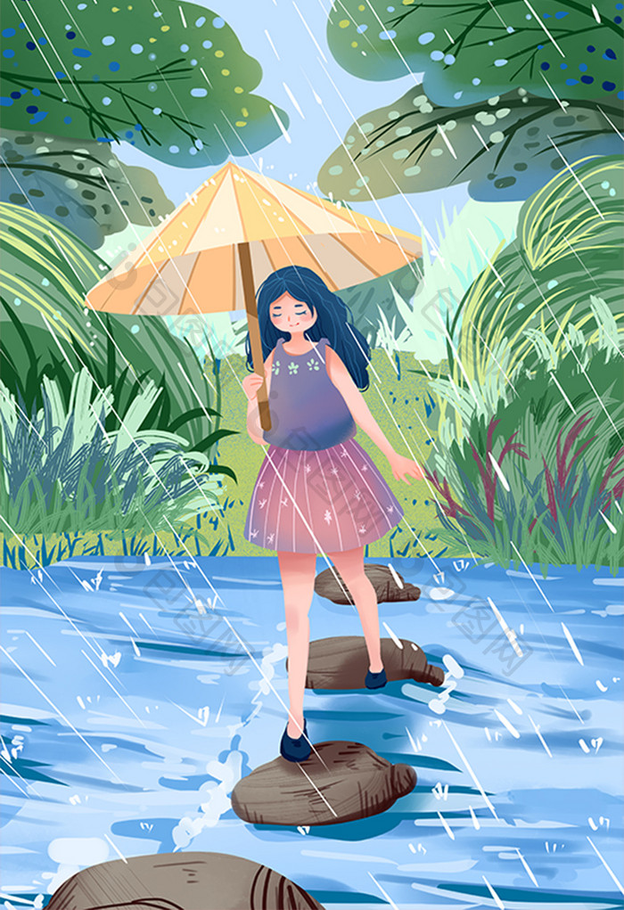 卡通扁平大暑节气少女雨天漫步插画