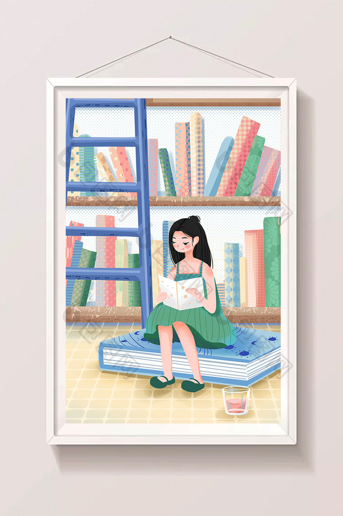 卡通扁平备战高考女孩看书学习图书馆插画