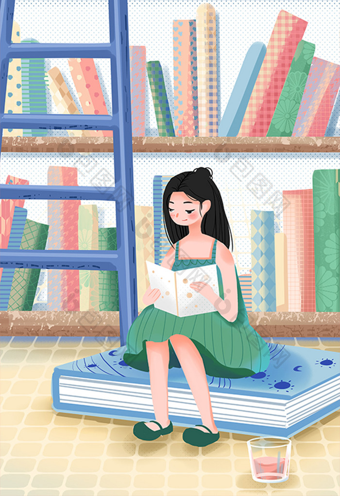 卡通扁平备战高考女孩看书学习图书馆插画