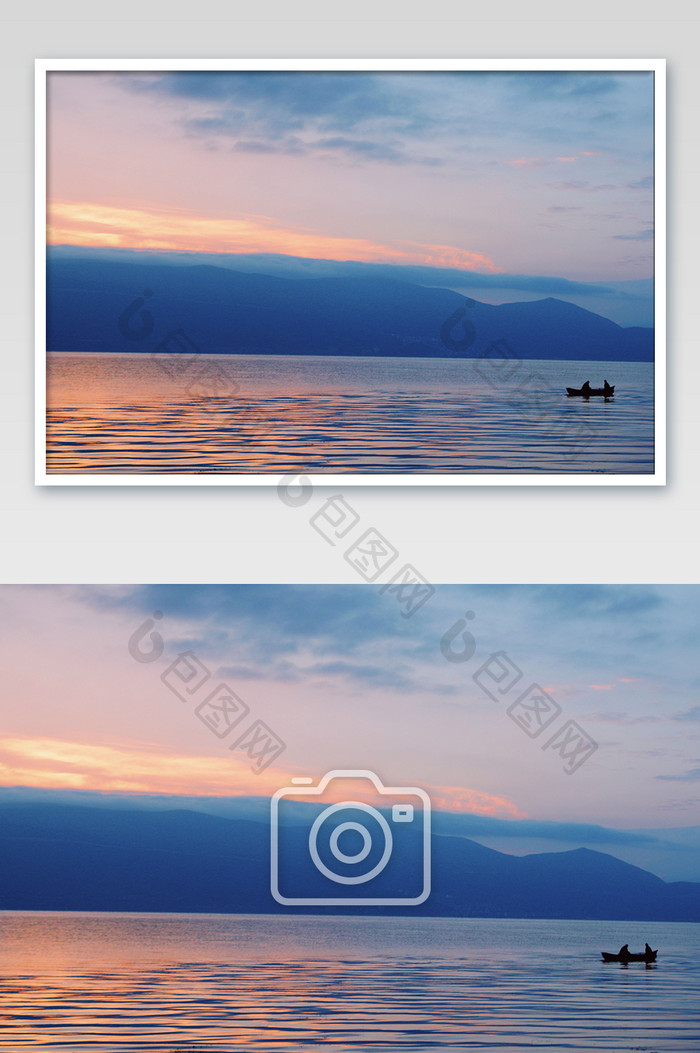 洱海早晨晨霞渔夫渡船打渔摄影图片