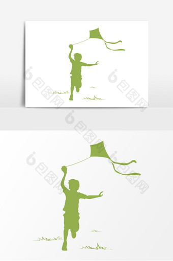 卡通绿色放风筝的小孩元素图片