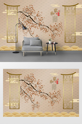 背景现代简约新中式手绘梅花电视背景墙图片