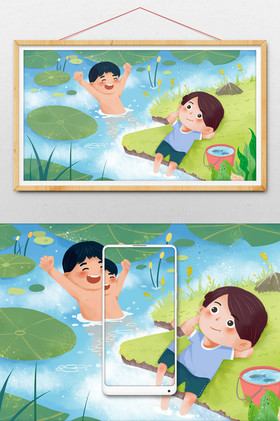 夏季大暑男孩河边嬉戏插画图片