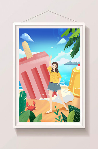 卡通扁平小暑节气雪糕女孩海滩插画图片