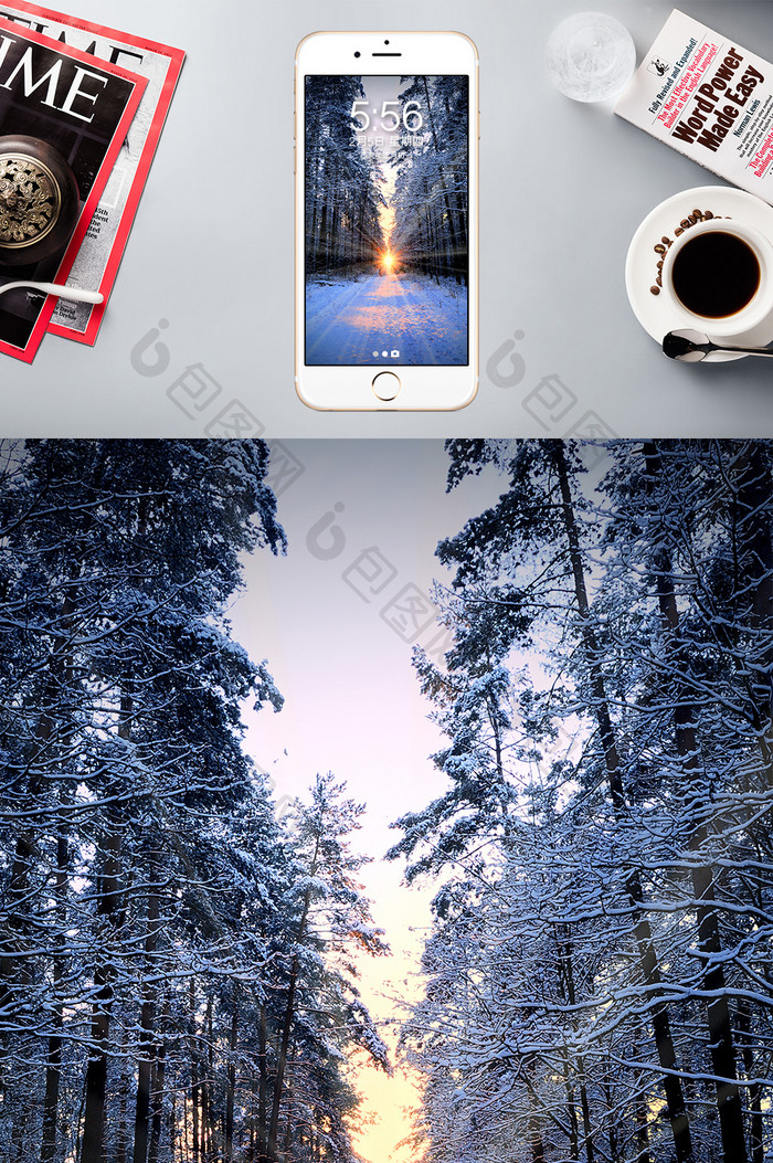 日出时的雪地树林摄影图片手机壁纸