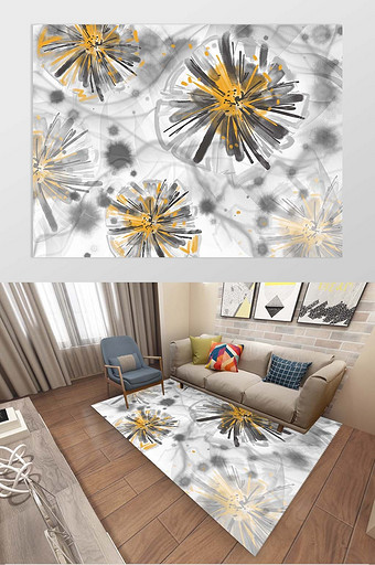 现代水墨抽象花卉客厅地毯图案图片