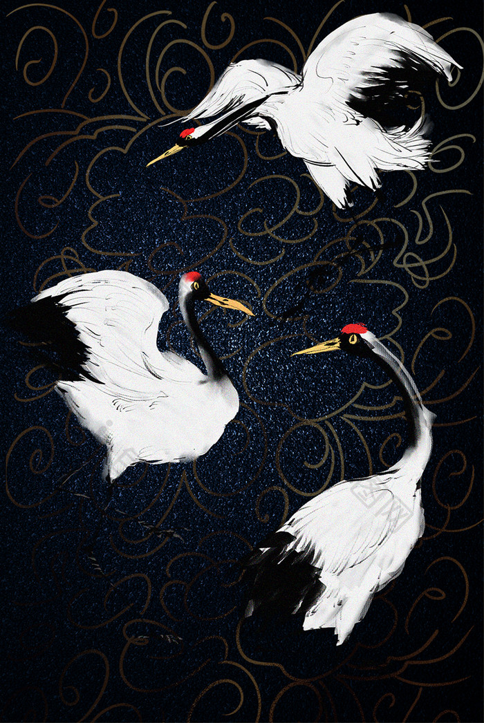 国潮仙鹤中国风新中式手绘纹理创意装饰画