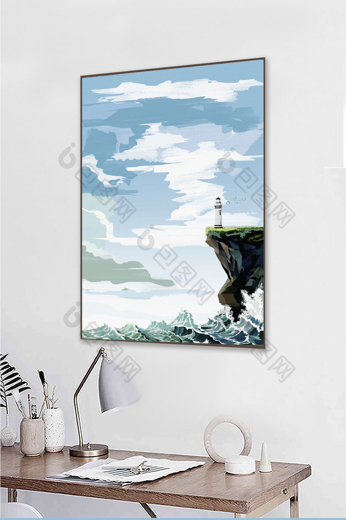 个性手绘海面灯塔风景客厅装饰画
