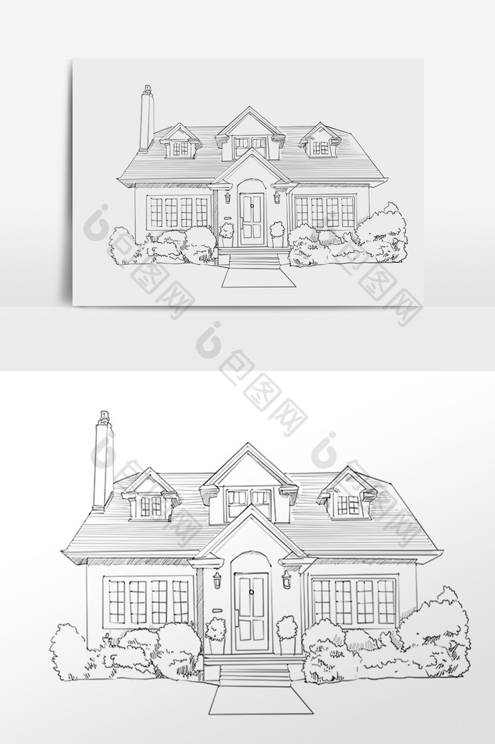 手绘线描素描简笔画别墅建筑插画