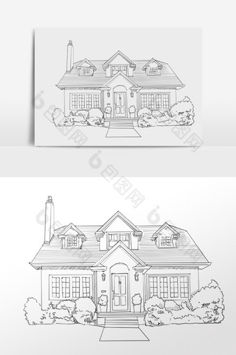 手绘线描素描简笔画别墅建筑插画图片