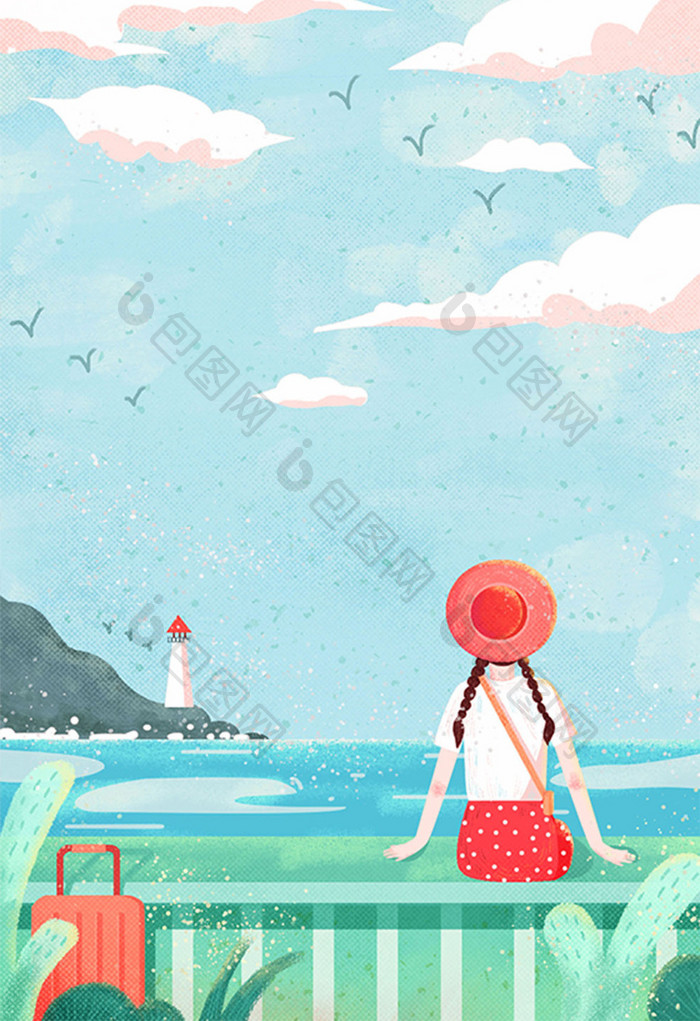 蓝色小清新节日世界海洋日女孩看海插画海报