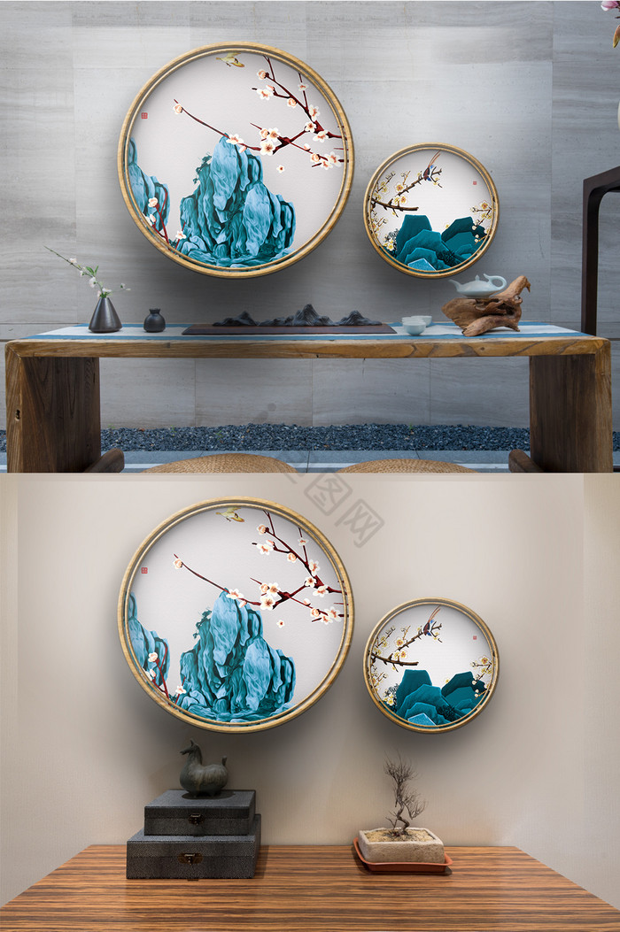 新中式风格蓝色假山植物梅花艺术装饰画图片