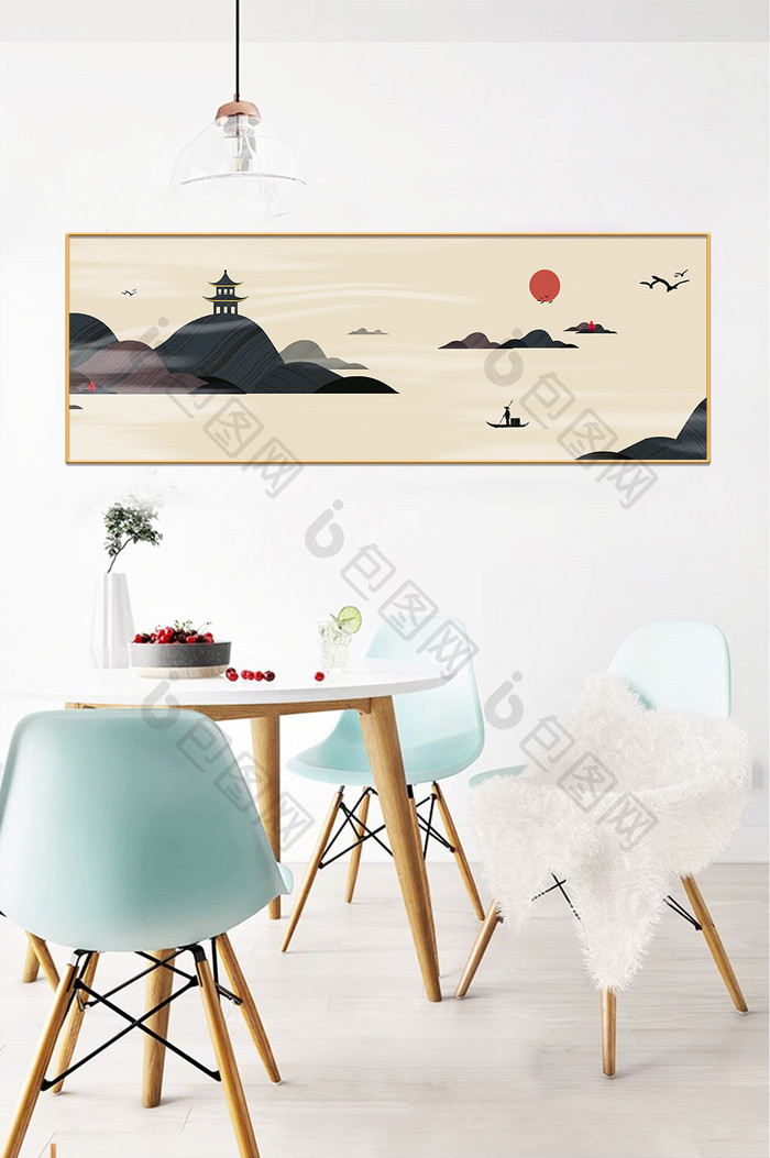 新中式风格山湖意境小船装饰画
