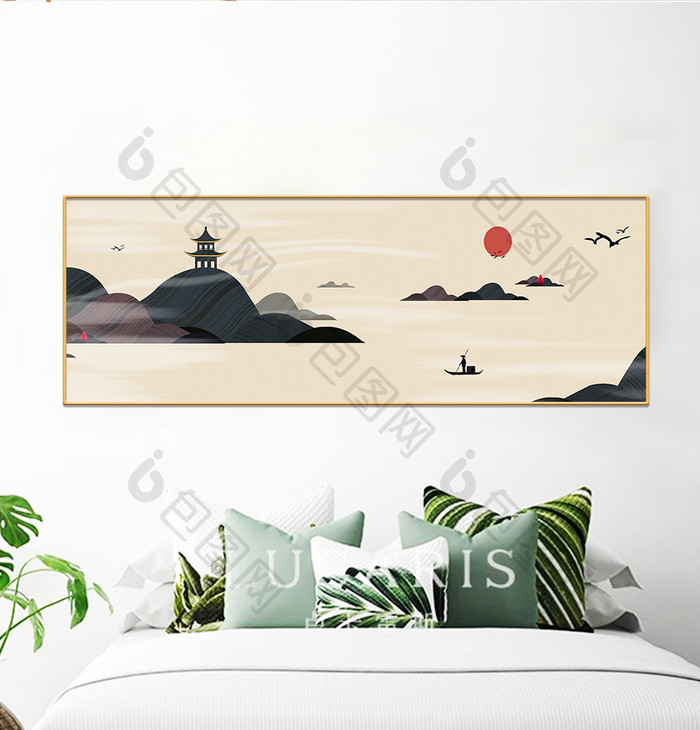 新中式风格山湖意境小船装饰画