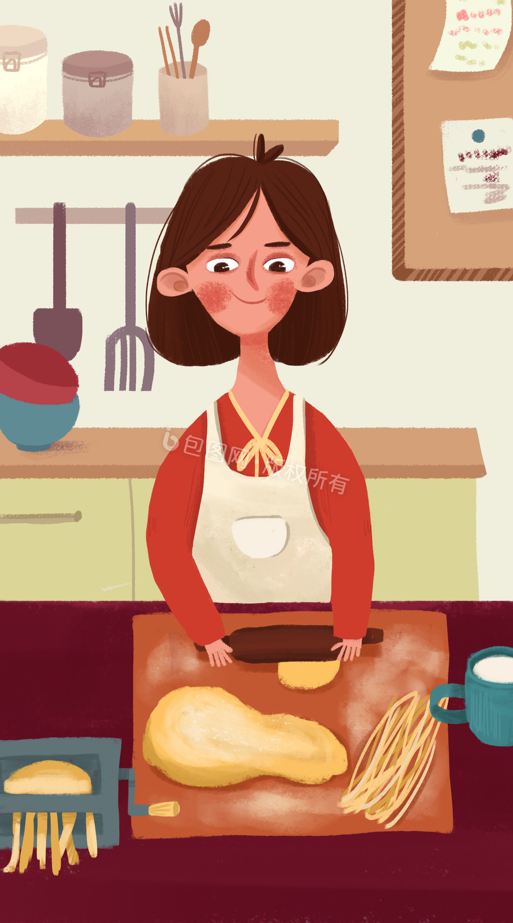 手绘家庭主妇厨房做饭gif插画图片