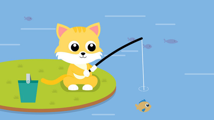 小猫池塘边钓鱼动图GIF