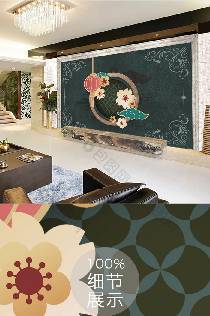 中式图案复古简约客厅电视背景墙壁画