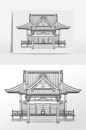 手绘线描简笔画古风房屋建筑插画