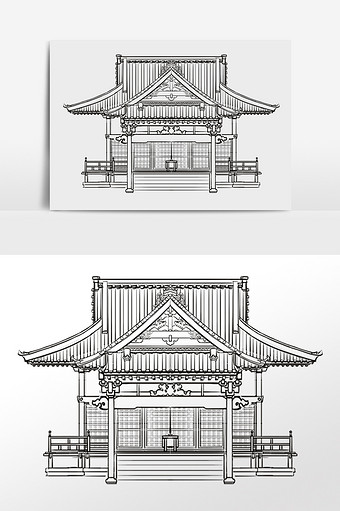手绘线描简笔画古风房屋建筑插画图片下载