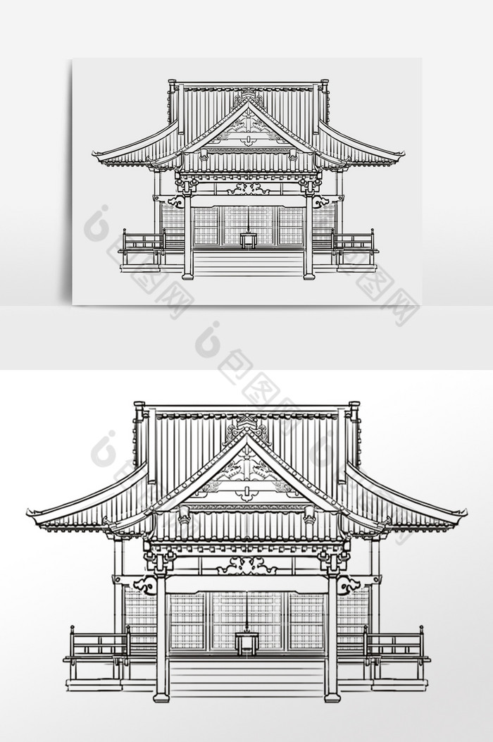 手绘线描简笔画古风房屋建筑插画图片