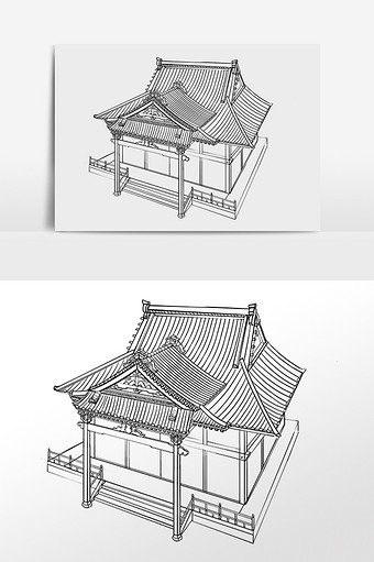 手绘线描简笔画古风建筑插画图片下载