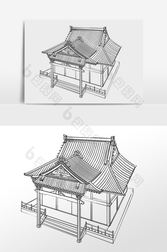 手绘线描简笔画古风建筑插画图片