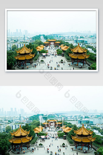 高清武汉黄鹤楼顶俯视下方建筑庭院摄影图图片