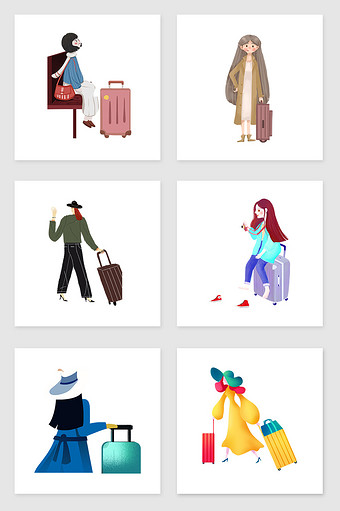 手绘拿大手提箱出行的女人套图插画元素图片
