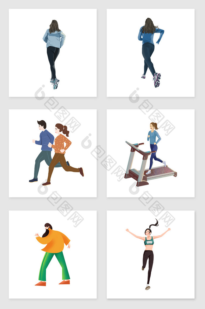 手绘跑步健身的女人套图插画元素