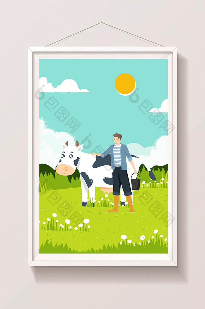 世界牛奶日牛奶生产牧场风景海报app插画