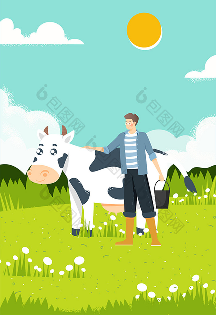 世界牛奶日牛奶生产牧场风景海报app插画