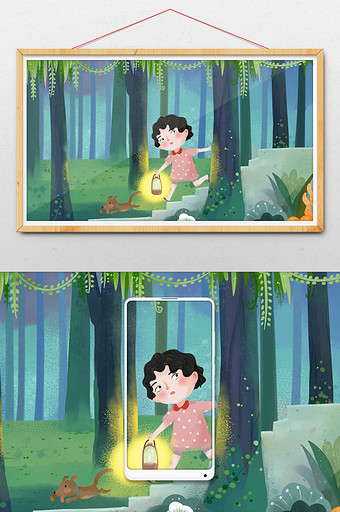夏季夜晚小女孩森林探险儿童插画图片
