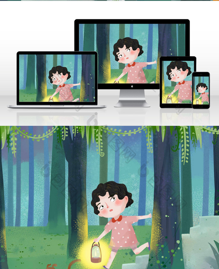 夏季夜晚小女孩森林探险儿童插画