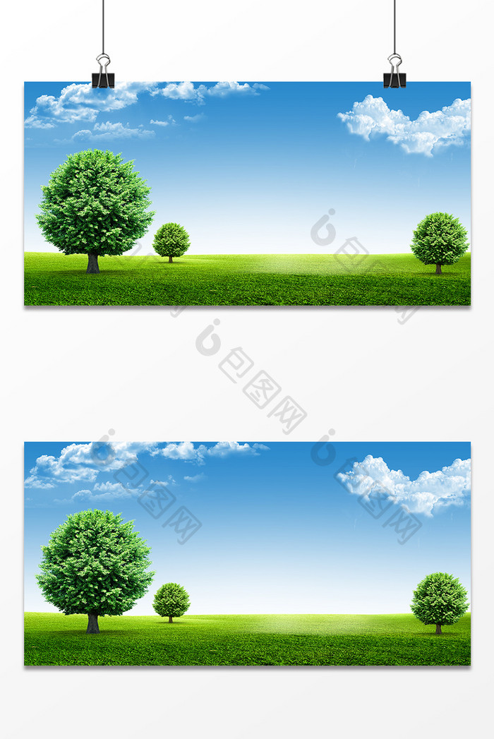 蓝天白云绿色草地树木背景