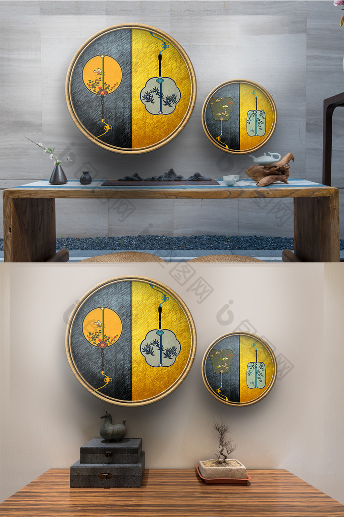 新中式风格宫廷扇子图案装饰画