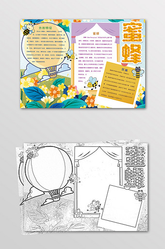 卡通蜜蜂昆虫观察手抄报黑白线描小报图片下载