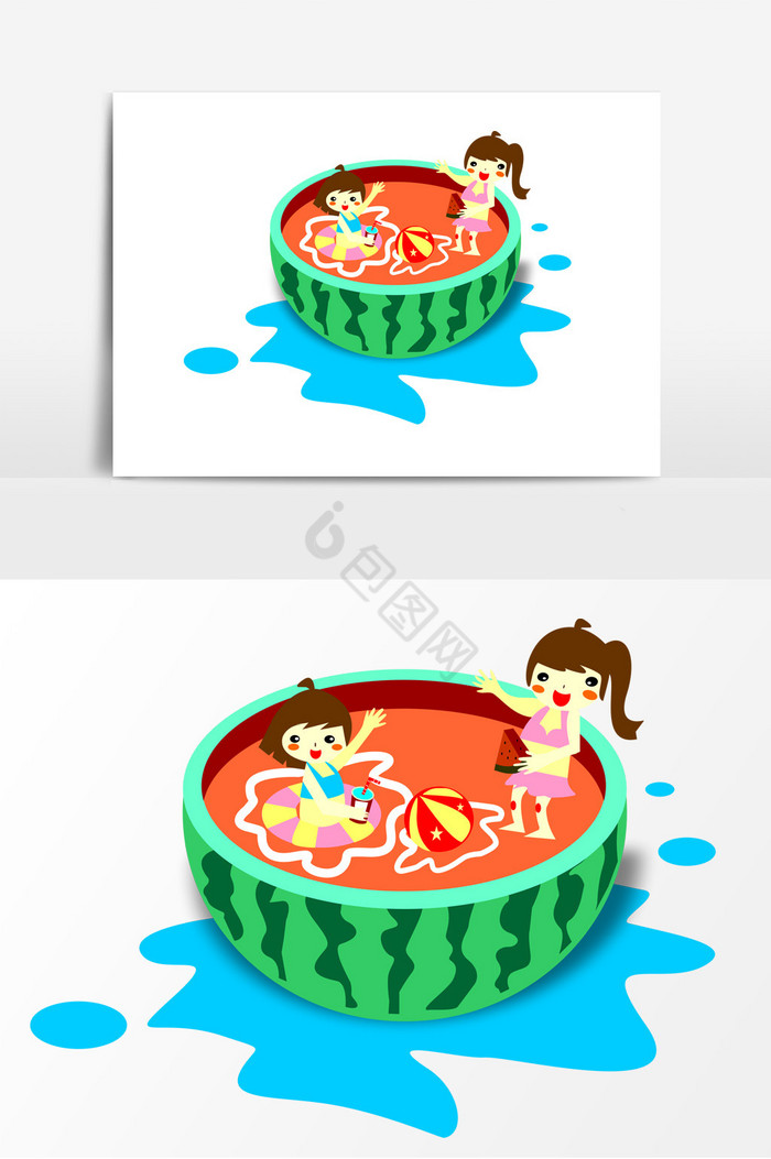 西瓜池游泳吃西瓜的小朋友图片