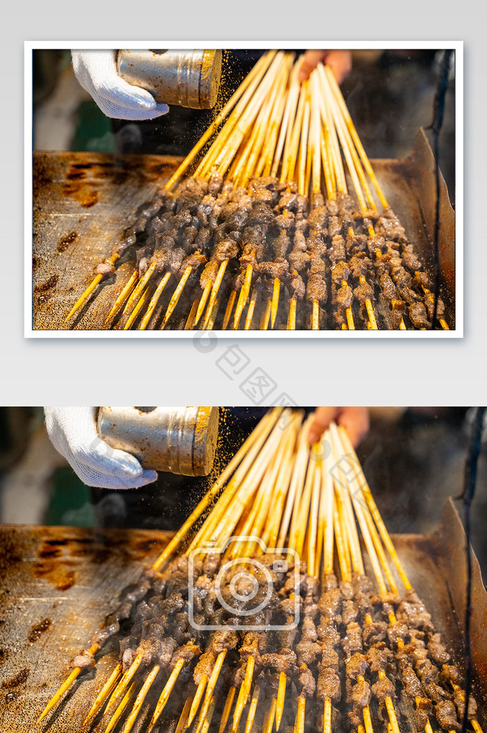 美食街美味香辣烤肉串制作摄影图