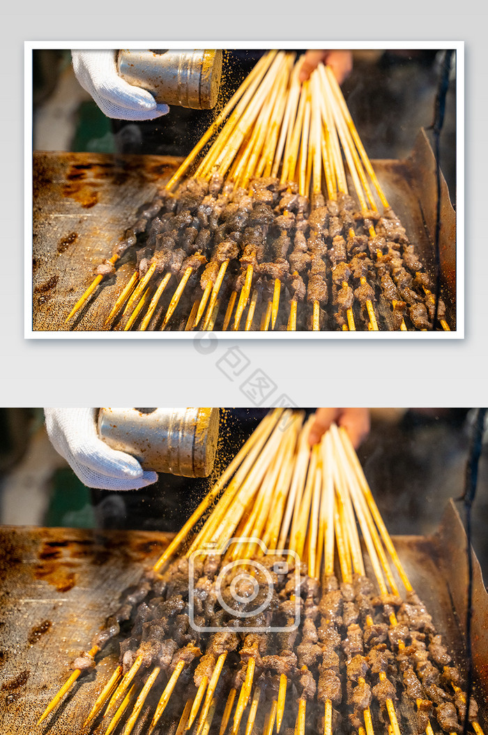 美食街美味香辣烤肉串制作摄影图图片