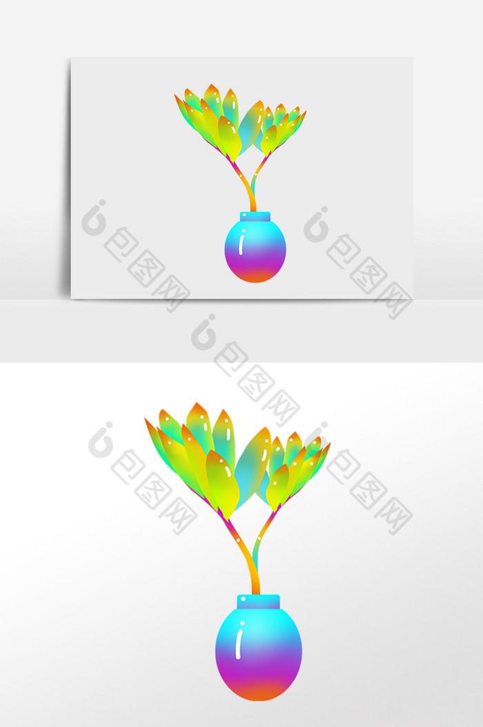 手绘糖果渐融植物盆栽花草插画