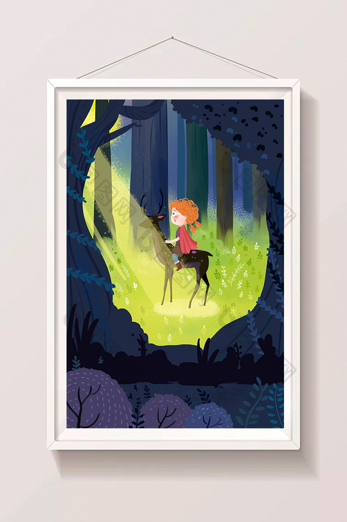 夏夜森林月光下女孩骑鹿探险儿童插画