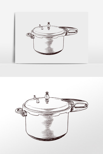手绘线描素描厨具高压锅插画图片下载