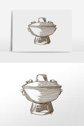 线描素描厨具铜火锅插画图片