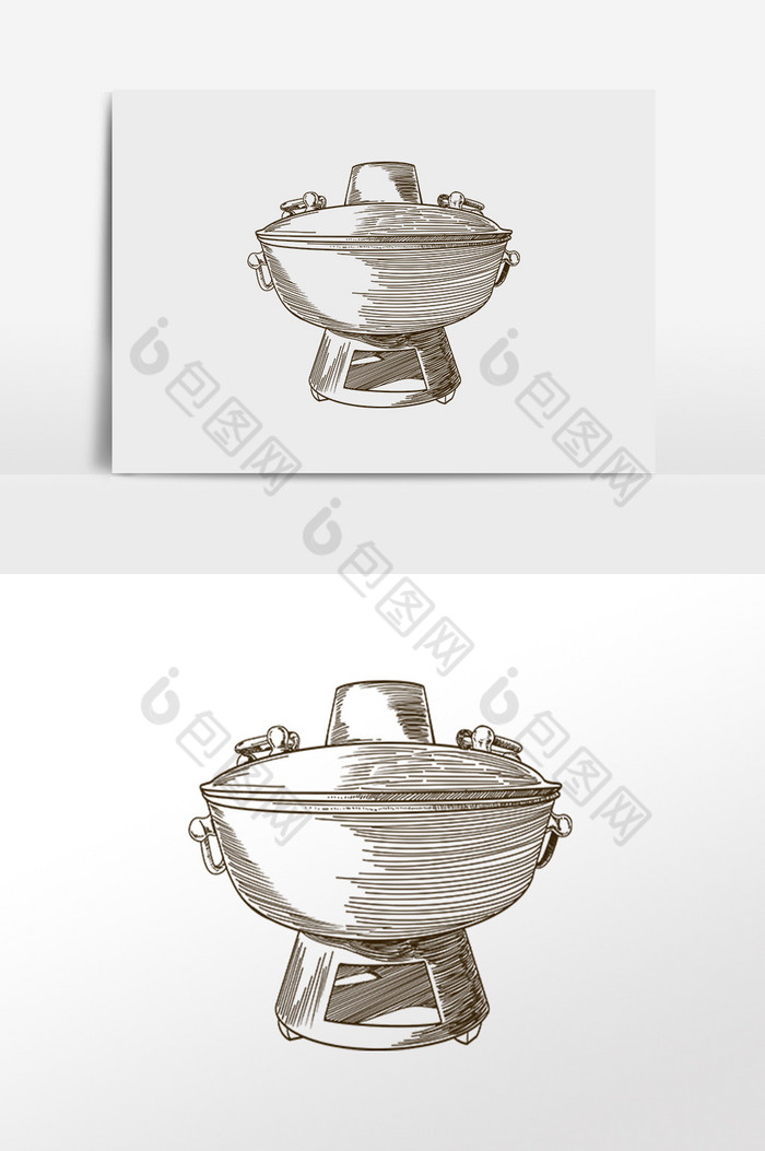 线描素描厨具铜火锅插画图片图片