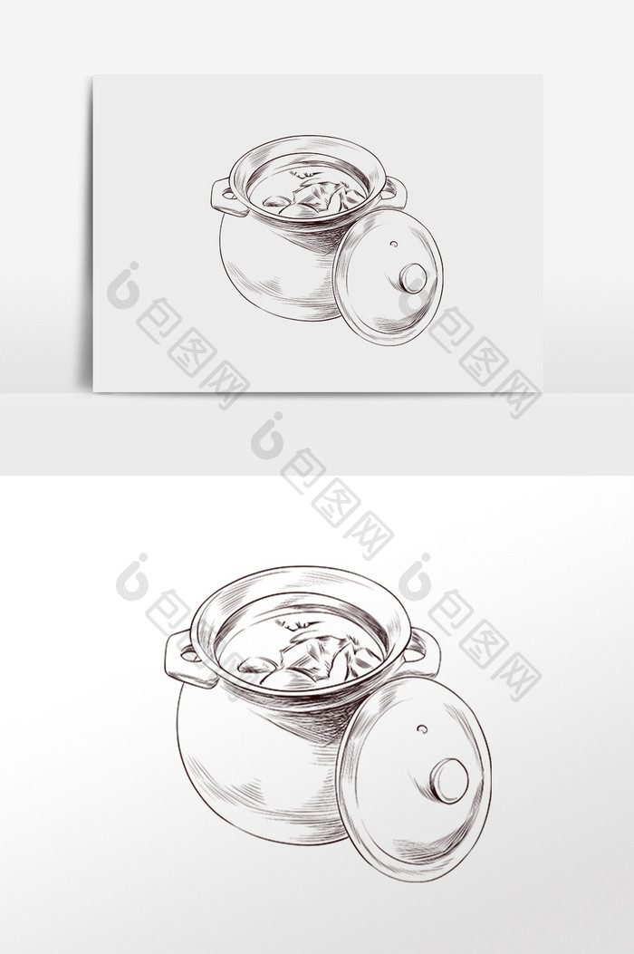 手绘线描素描厨具煲汤砂锅插画