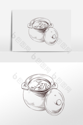 手绘线描素描厨具煲汤砂锅插画图片