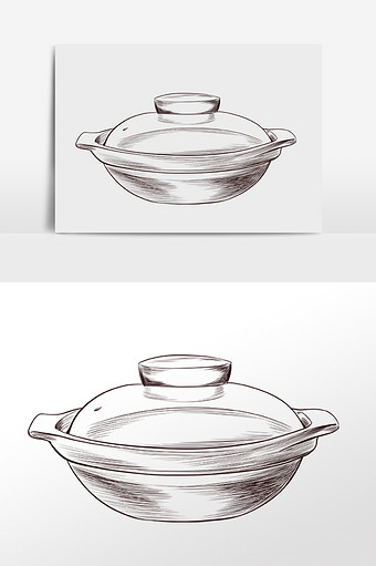 手绘线描素描厨具带盖碗插画图片下载