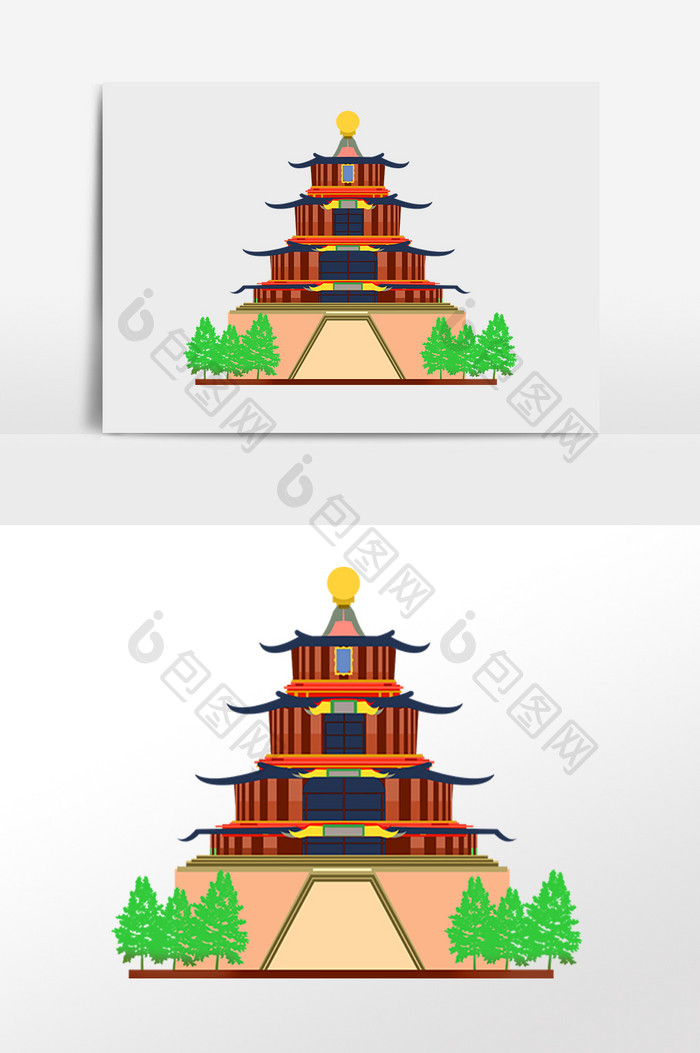 手绘城市地标建筑西安钟楼插画