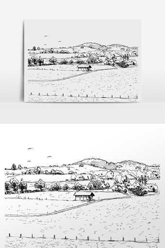 手绘线描田园风光田野建筑插画