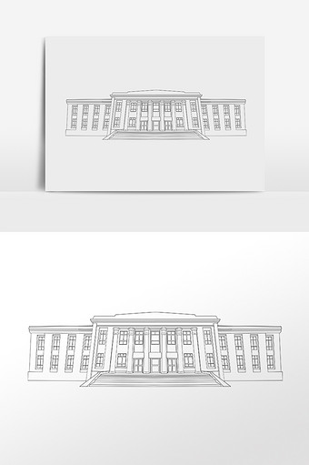 手绘线描素描教学楼建筑插画